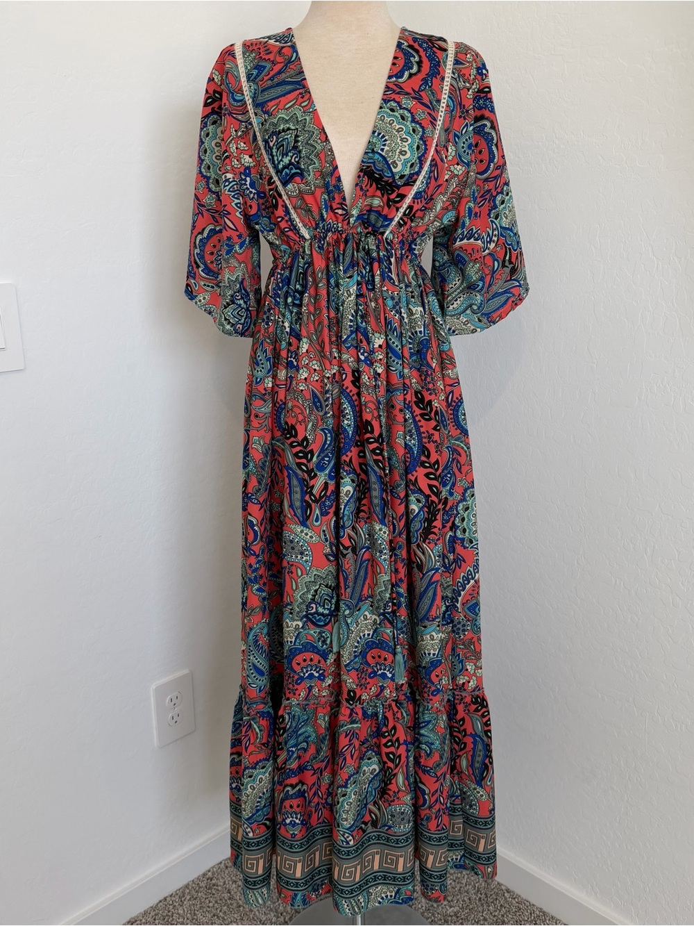 Coral Paisley Maxi Dress with Deep V and Elastic Waist